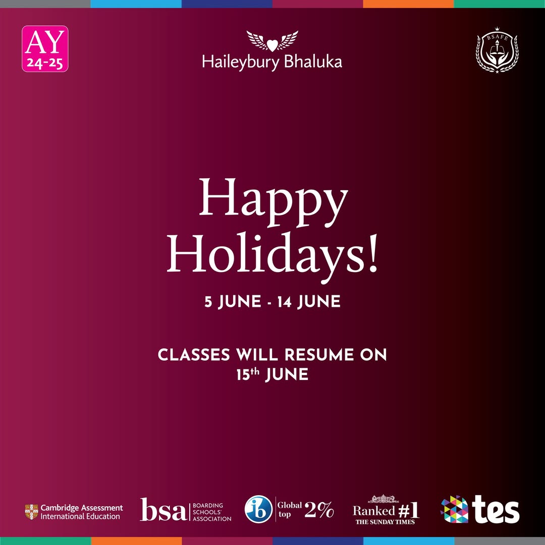 A graphic from Haileybury Bhaluka announcing the holiday period from 5th June to 14th June.