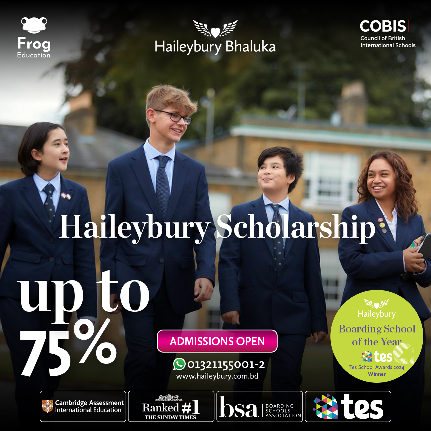A banner announcing scholarship opportunities of up to 75% for meritorious Bangladeshi students at Haileybury Bhaluka.